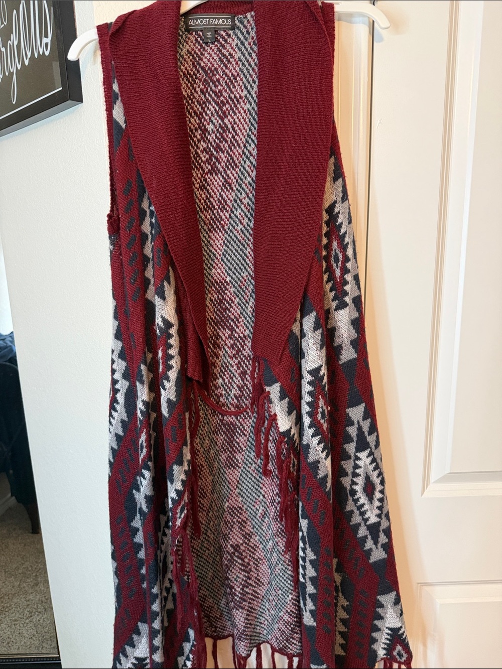 Almost Famous Burgundy Aztec Hooded Fringe Poncho Vest